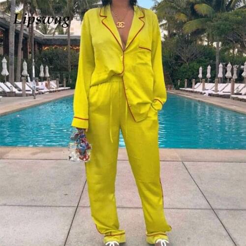 Elegant Turn-Down Collar Button Tops And Loose Pocket Long Pants Outfit Casual Suits Homewear 2021 Spring Womens Two Piece Sets