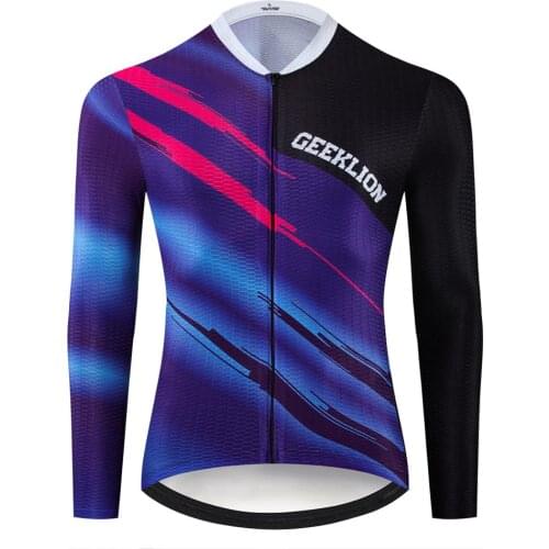 Geeklion Blue Long Sleeves Breathable Bike Wear MTB Pro Fit Men Mesh Breathable Cycling Jersey Mountain Bike Team Maillot