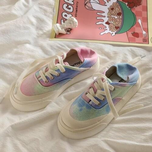Tie-Dye Canvas Shoes Fashion Women Mixed Colors Round Head Flat Casual Shoes Breathable Cloth Shoes Slippers Student Sneakers