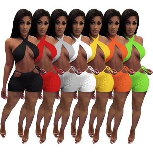 Two Piece Set Women Summer Sweat Suits Halter Crop Top Bandage Hollow Biker Shorts Sexy Night Club Outfits Matching Sets