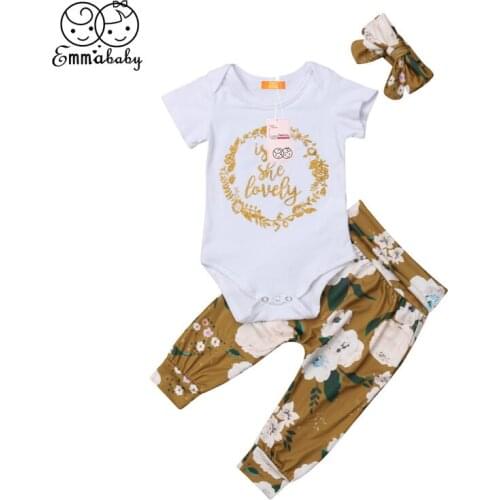 Toddler Baby Girl Clothes Set Infant Kids 3Pcs Outfit Cotton Bodysuit+Floral Panties+Headband Newborn Children Clothing 0-18M