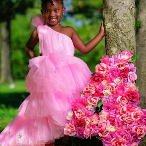 Lovely one shoulder pink tulle girls birthday dresses pink tulle long train girls celebration puffy dress gowns custom