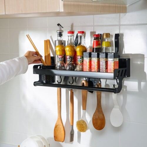Kitchen Iron Wall Mounted Storage Shelf Double Layer Spices Towel Rack Knife Holder with Hooks Kitchen Organizer