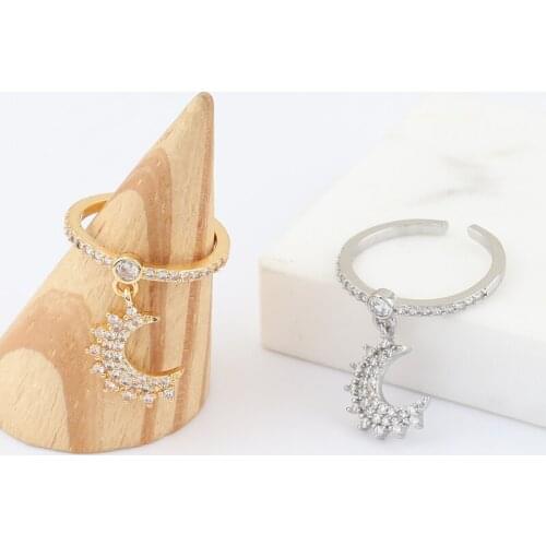 Cute Moon Pendant White Zircon Rings For Women Yellow Gold/White Gold Engagement Promise Ring Female Wedding Jewelry Gift