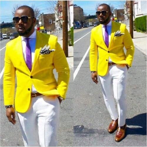Custom Made Men Suits Slim Fit Yellow Blazer Man Suit Groom Tuxedos Classical Men Wedding Prom Suits 2 Piece