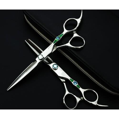 Purple Dragon 6 inch Hair Scissors Set Greenstone Handle Professional Barber Hair Clippers Cutting Shears Barber with Case