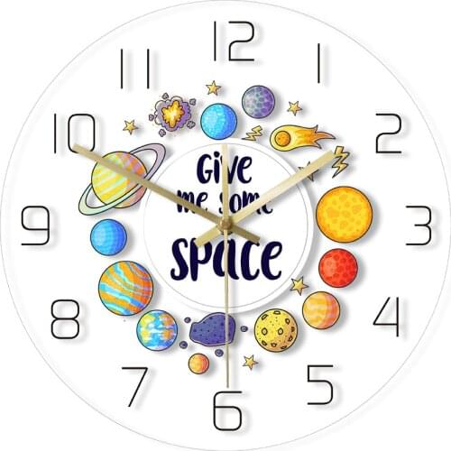Give Me Some Space Cartoon Astronomy Planet Wall Clock Science Wall Art Outer Space Kids Room Decor Nursery Silent Wall Clock