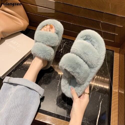 2020 New Autumn And Winter Wear Furry Slippers Female Comfortable Thick-Soled Net Red Fashion Students Wear Furry Shoes