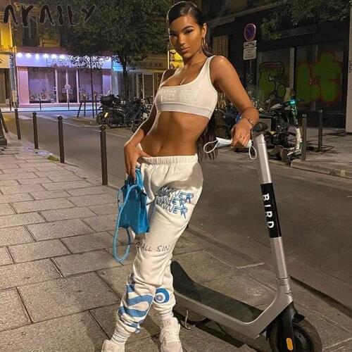Akaily 2021 Autumn Streetwear Letter Print Pants Women High Waist Drawstring Casual Baggy Pants Ladies White Sweatpants Joggers