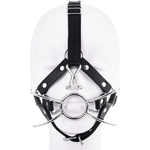 Open Mouth Oral Sex Spider Gag Hood Leather Head Harness Bondage Belts with Mouth Gag Ball Nose Hook Sex Toys for Adult Games