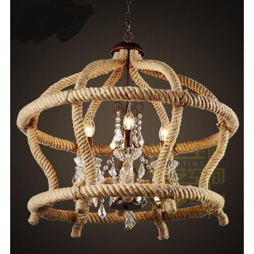 American industrial hemp rope iron crystal Pendant Lights creative personality living room coffee shop 75cm retro Pendant Lamps