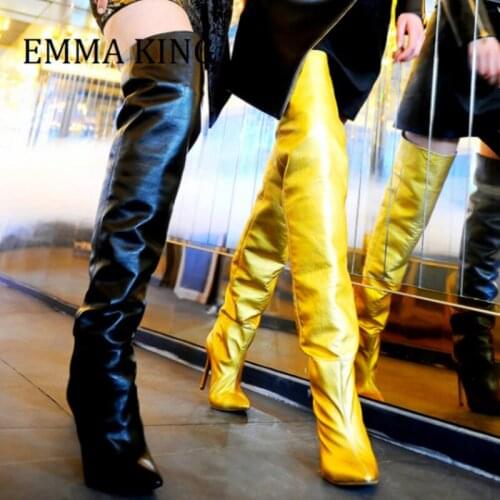 Sexy Gold Black Stain Over the Knee Boots Pointed Toe Women Thin High Heels Boots Women Winter Fall Fashion Stage Knight Botas