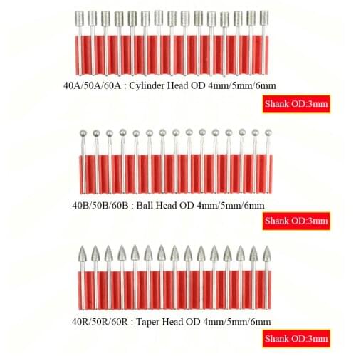 R Type 4mm 5mm 6mm Taper Head OD 3mm Shank OD Abrasive Carving Machine Jade Grinding Buffing Drill Tool Diamond Polishing Head