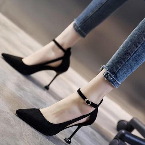 2021 spring new one-word buckle stilettos banquet dress all-match pointed work single shoes shallow mouth hollow female sandals