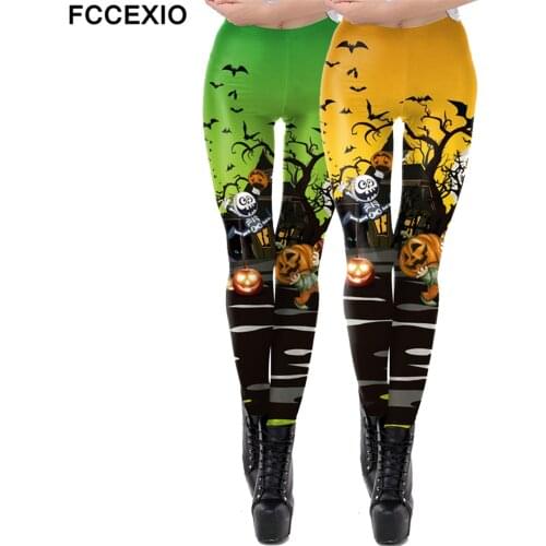 FCCEXIO Halloween Women Leggings Soft Elastic Workout Push Up Pants Gold Loong Print Fitness Leggings 3D Trousers Pumpkin Pants