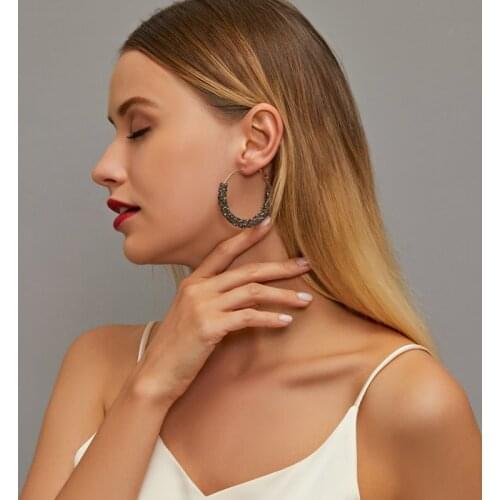 Golden Gray Black Retro Semicircle Crystal Starry Bling Simple C-shape Alloy Roundness Circles Hoop Earrings for Women