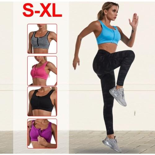 Women Sports Bra Crop Top Zip Front Push Up Underwear Wire Free Detachable Pads Athletic Vest Workout Running Fitness Bra