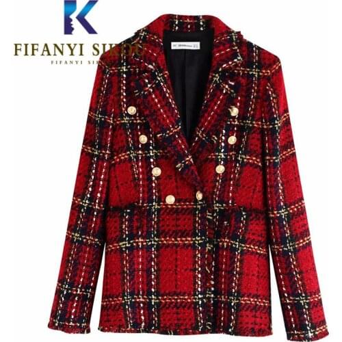 Red Plaid Blazer Jacket Women High Quality Fashion Double Breasted Suit Jacket Autumn Winter Thick Warm Lady Tweed Blazers Coat
