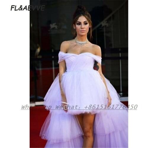 Purple Evening Dress Off-The-Shoulder 2021 Tulle Strapless Hi-Low Backles Sweep Train Floor Length Formal Evening Gown for Women