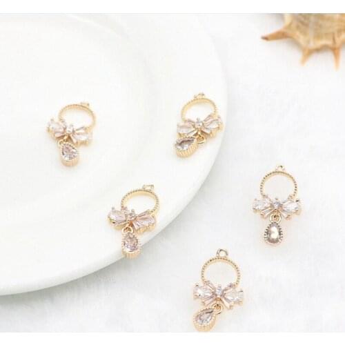 2021 New True Gold Plated Copper Zircon Crystal Bowknot Necklace Pendants DIY Earring Charms Jewelry Making Accessory