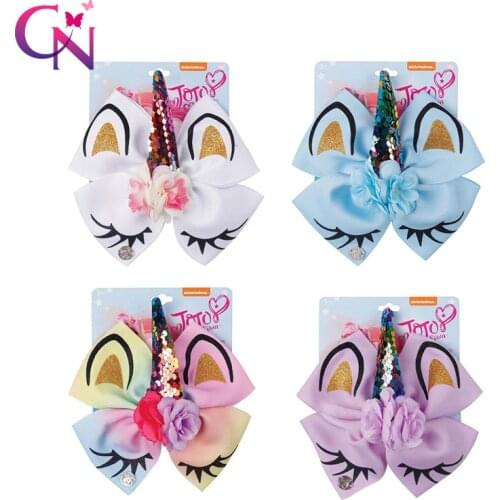 6"Glitter Unicorn Hair Bows With Horn jojo Bows for Girls Sequin Flower Hair Clip School Kids Party Hairgrips Hair Accessories