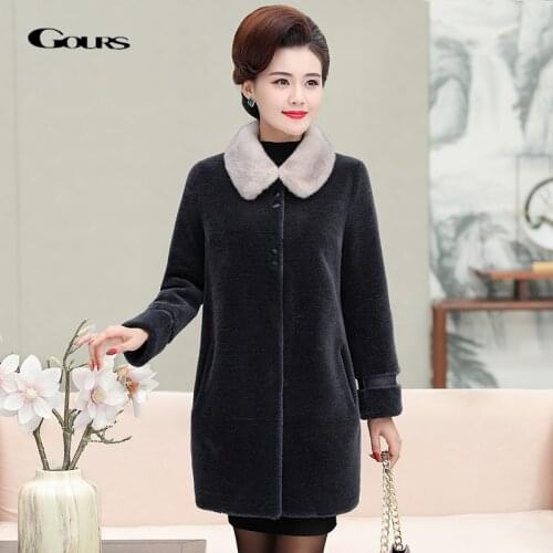 GOURS Winter Genuine Shearling Jacket Women Wool Real Fur Long Coat Natural Mink Fur Collar Thick Warm 2020 New Plus Size LD2001