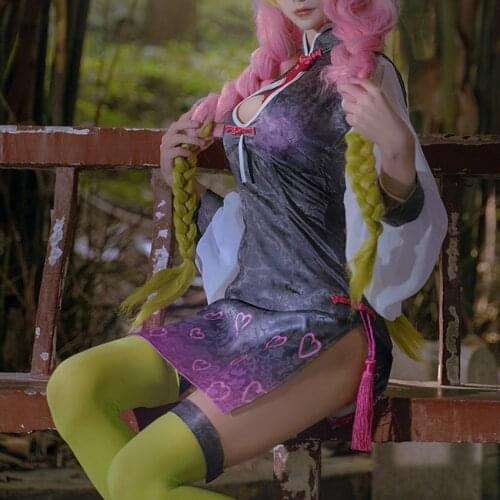 Demon Slayer Kimetsu no Yaiba Kanroji Mitsuri Halloween Cosplay Costume Women Sexy Qipao Cheongsam Dress Socks