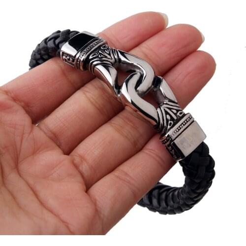 Cool Mens Vintage Style Silver Stainless Steel Black Braided Leather Bracelet 12.5mm8.66"