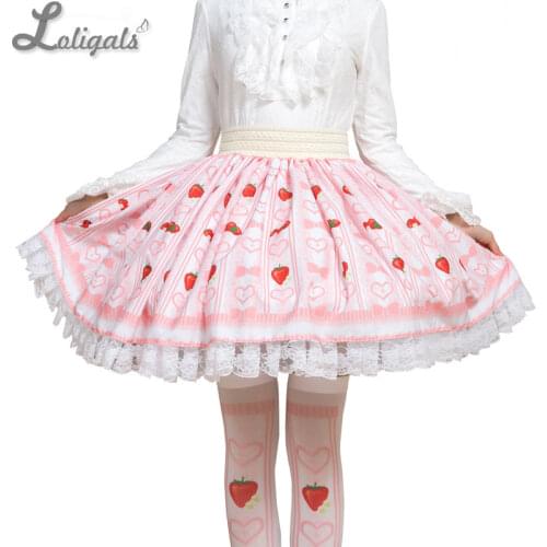 Sweet Strawberry and Heart Printed Short Skirt Cute Mori Girl A line Skirt