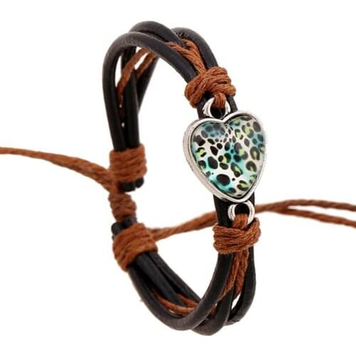 Fashion Punk Women Heart Bracelet Multilayer Rope Leather Leopard Circle Colorful Charm Bangle Wrap Retro Wristband Girl Jewelry