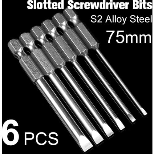 6pcs 75mm Magnetic Drill Slotted Screwdriver Set Bits Screw Driver Screwdrivers Kit Imported Material S2 Steel Slotted Head Hand