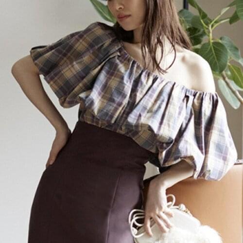 Neploe 2021 Autumn New Women Blusas Japan Style Sweet Shirts Slash Collar Puff Sleeve Back Bandage Mixed Plaid Solid Blouses