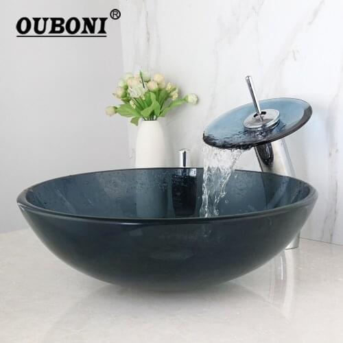 OUBONI Dark Blue Round Tempered Clear Glass Vessel Sink With Waterfall Mixer Water Pop Up Drain Transparent Bathroom Sink Set