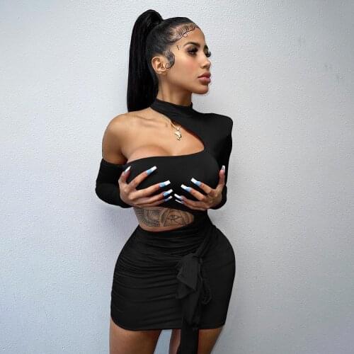 2021 Best Quality Fashion Design Dress Solid Hollow Out Bandage O-neck Long Sleeve Sexy Celebrity Party Mini Dress Vestidos