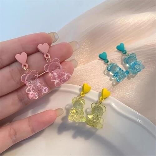 2Pcs/Pair Fashion Transparent Resin Gummy Bear Dangle Earrings for Women Girl Cartoon Animal Bear Earrings Summer Beach Jewelry
