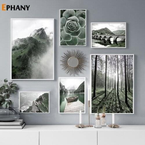 Nordic Lake Boat Forest Landscape Canvas Painting Succulents Green Plant Wall Art for Living Room Decor Print Poster Picture