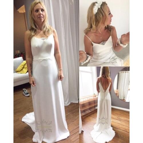 Spaghetti Straps Sheath Wedding Dresses Sexy V Neck Bride Gowns with Backless for Girls Womens Bridal Party Lace Decoration