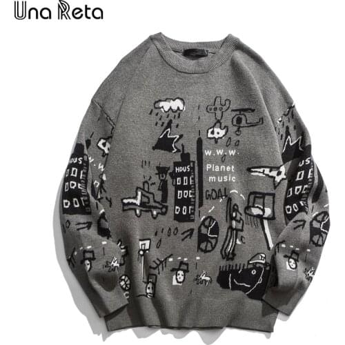Una Reta Mens Sweater New Autumn Fashion Print Cartoon Sweater Pull Homme Casual Loose Vintage Pullover Sweater Men