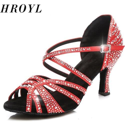 New HROYL Latin dance shoes Women Rhinestone For Girls ladies Ballroom shining Tango Dancing Shoes 10/8.5/7.5CM Salsa wholesales