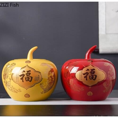 Chinese Character Pattern Ceramic Apple Statue Living Room Countertop Decoration Porcelain Sealed Storage Jar Home Decoration