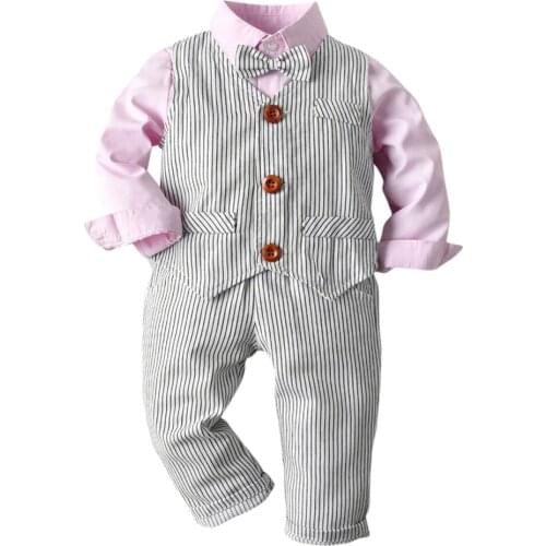 Spring Autumn Infant Boy Gentleman 3pcs Set Lapel Bow Tie Long Sleeved Shirt + Striped Jacket +Trousers Kid Clothing For Boy