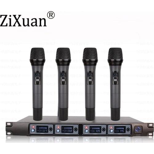 High quality 4 Channel UHF Wireless Handheld Microphone System 4 Microphones + 1 Wireless LCD Display Receiver for Family Party