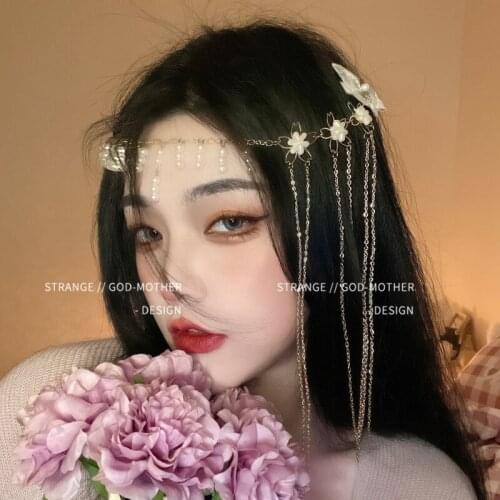 Bride Tiara Female Fringe Eyebrow Fall Forehead Chain Pearl Butterfly Flower Chinese Style Hanfu Ancient Dress Accessories