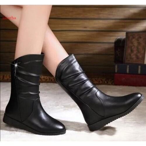Woman Boots autumn Winter Shoes Wedges Boot Low Heels Boots Mid-Calf Women Black Booties Increasing Ladies Shoes