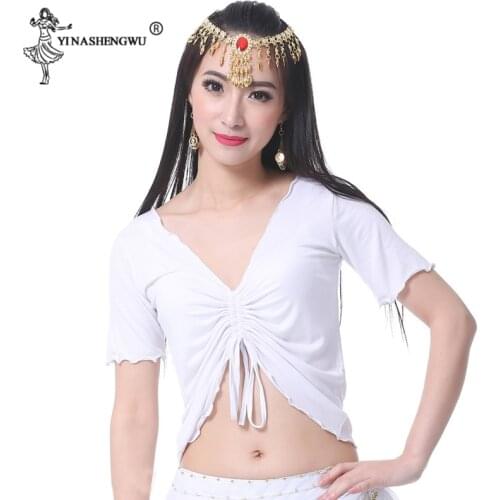 New Womens Belly Dance Costume Top Bra Short Sleeve Pleated Belly Dance Yoga Practice Tops Drawstring Pleated Fashion 9 Colors