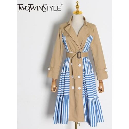 TWOTWINSTYLE Casual Patchwork Striped Trench Coat Female Lapel Collar Long Sleeve High Waist Lace Up Windbreaker Women 2020 Tide