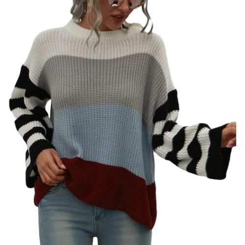 Women Patchwork Loose Casual Sweater Long Sleeve Round Neck Female Fashion Autumn Winter Warm Pullover Jumpers 2020 New