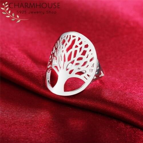 Pure 925 Silver Rings For Women Tree Life Wide Finger Ring Size 6/7/8/9# Wedding Band Fashion Jewelry Accessories Wholesale