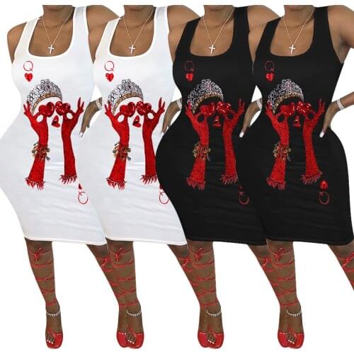 Echoine Womens Fashion Poker Positioning Printed Spaghetti Straps Dress Sexy Bodycon Vestido De Mujer Charming Female Clothing