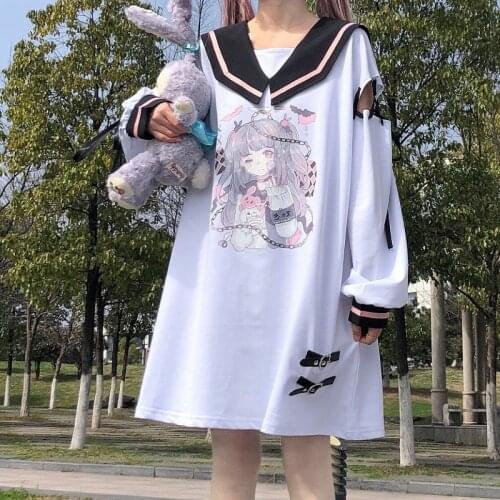 Summer Lolita Japanese Kawaii Cartoon Pullover T-Shirt Dress Women Navy Collar Harajuku Streetwear Print Clothing Long Loose Top